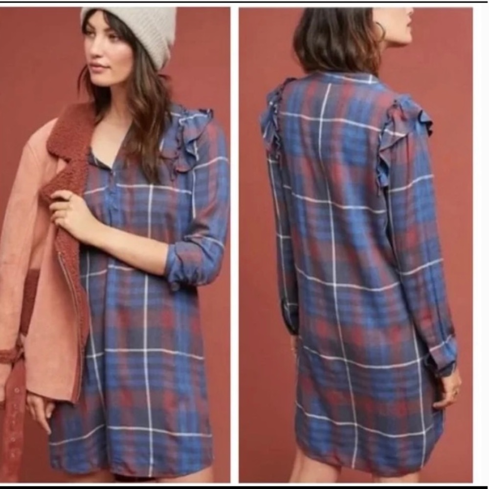 Anthropologie Cloth & Stone plaid ruffle shoulder collarless tunic dress size XS